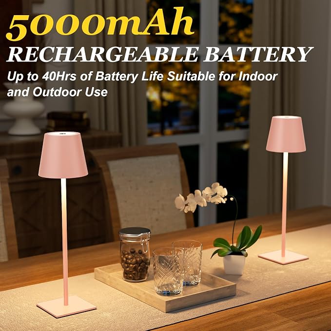 Kakanuo Pink Cordless Rechargeable Table Lamp 5000mAh Battery Operated Lamps, 3 Colors Stepless Dimming Touch Lamp for Living Room, Kitchen Counter, Dining, Outdoor Patio, 2 Pack
