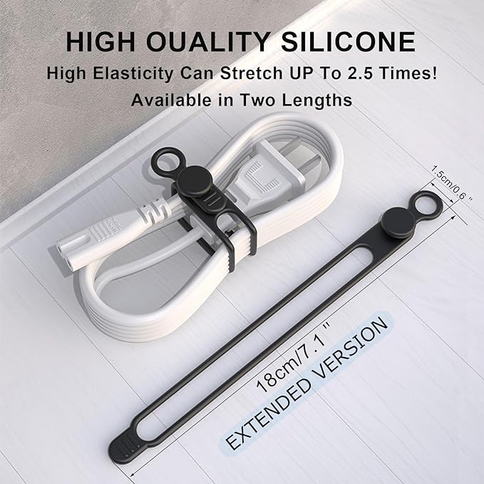 UMUST Silicone Cable Straps, 10pcs Extra-Long Reusable Hanging Organizer for Cables, Kitchen, Home, School (Black & White)