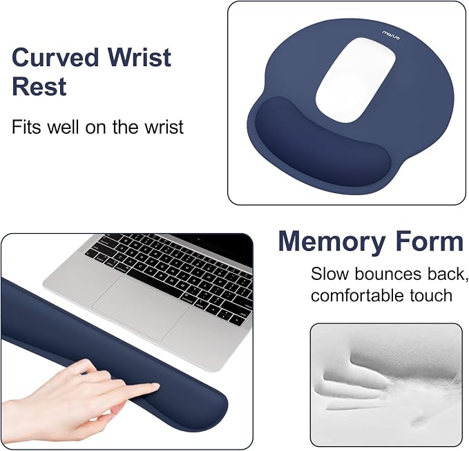 MOSISO Wrist Rest Support for Mouse Pad&Keyboard Set, Navy Blue | Streamline Ergonomic Mousepad&Coaster Non-Slip Base Home/Office Pain Relief&Easy Typing Pad with Soft Cloth&Silicone Lining