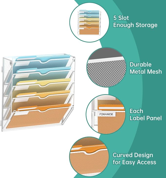 5 Tier Wall File Organizer, Hanging Wall Mounted Mail Organizer with Label Slots, Metal Mesh File Holder Magazine Rack for Office, Home, School or Classroom, White