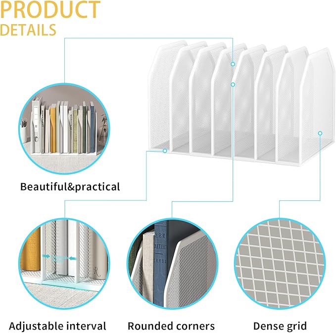 FANXIYQ Metal 7 Section File Folder Organizer for Desk | Vertical Office File Holder | Heavy-Duty Mesh Document Sorter for Books, Binders, Laptops | Desk Organizer,7 Sections White