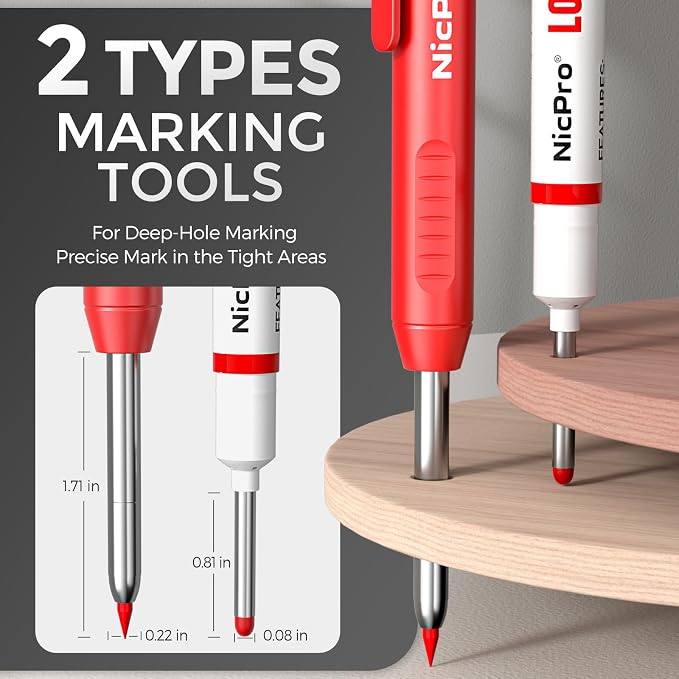 Nicpro 3 Pack CP1000 Carpenter Pencils with Sharpener | Mechanical Carpenter Pencil+39 Refills, Long Head Nib Marker Pens for Construction, Heavy Duty Woodworking Pencil for Marking