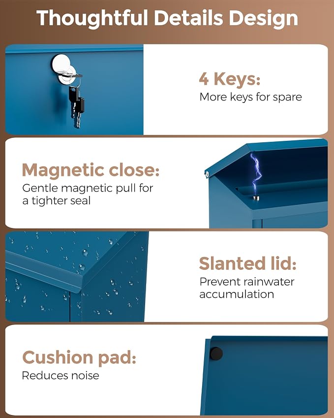 LAND·VOI Locking Wall-Mount Mailbox for Outside, with 4 Keys, Galvanized Steel Rustproof Metal Postbox, 4" Dx13.8 Wx11.2 H, Includes 3 Sets of Mailbox Numbers, Nameplate, Blue