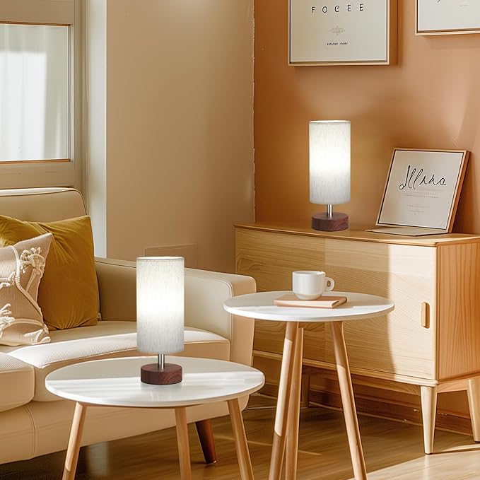 Table Lamps Set of 2 （Cream Shade - Walnut Base, 11.6" Inline Control） | Bulb not Included | Small Lamps for Bedroom | Desk Lamp for Reading | for Living Room | for Dorm | Linen Shade