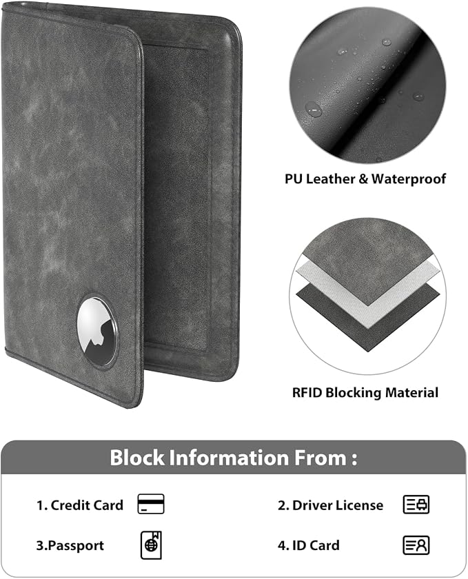 Stouchi AirTag Passport Wallet, Grey, Unisex, Faux Leather, RFID Blocking, Anti-Waterproof | Ultra-slim, Waterproof PU Leather, 5 Card Slots, RFID Blocking, AirTag Slot – Perfect for US Passports