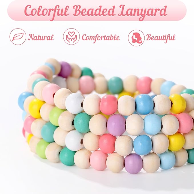 Lanyards for ID Badges Teacher Gifts Cute Wooden Beaded Lanyard with ID Holder Retractable Badge Reel Keys Eyeglass Chains for Women