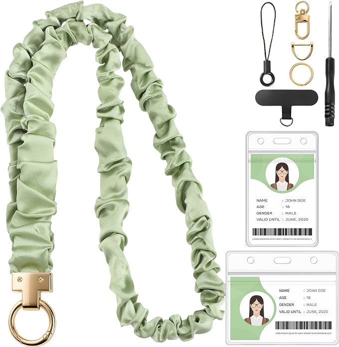 Prudiut Scrunchie Lanyard for Id Badges, Retractable Teacher Lanyards Black Stretchy Scrunchie Lanyard with Id Holder for Women (Green)