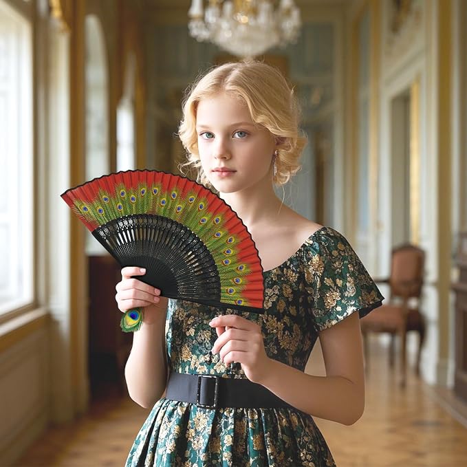EOSAU Hand Fans for Women Foldable - Bamboo Silk Folding Fan Handheld, Fans for Line Dancing Wedding, Portable Bridal Party Favor, Elegant Church Performance Gift (Peacock Red)