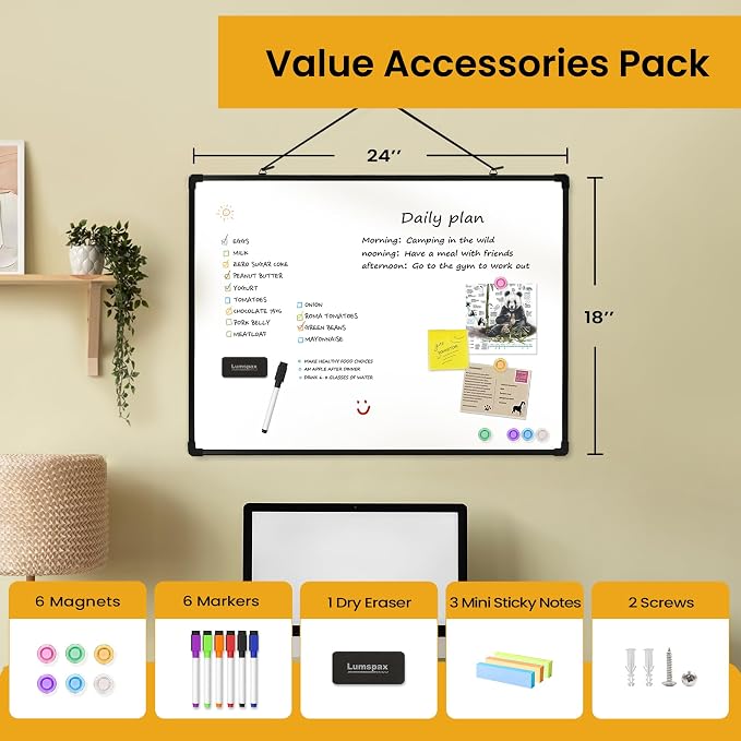 Dry Erase Board for Wall, 24" x 18" Double-Sided Hanging Magnetic Whiteboard with 6 Markers, 6 Magnets and 3 Mini Sticky Notes, Presentation Board for School, Home, Office, Black Frame