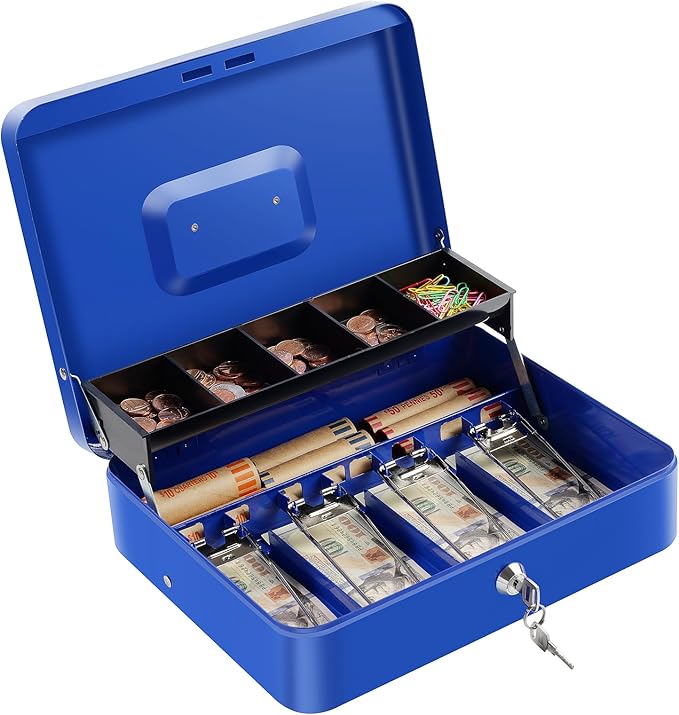 Cash Box with Lock Key and Money Tray - Large Money Box for Cash Register, Metal Lock Box for Money Safe 11.8" x 9.4" x 3.54" Blue
