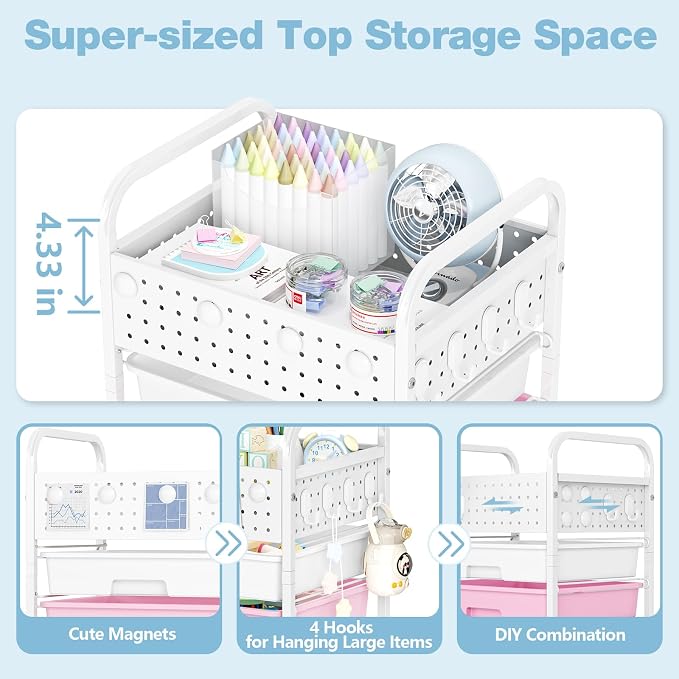 5 Drawer Rolling Storage Cart with Pegboard Top and Hooks, Pink&Blue | Mobile Organizer Cart with Wheels for Office Supplies, Craft Storage, Classroom Organization, Home Utility Cart