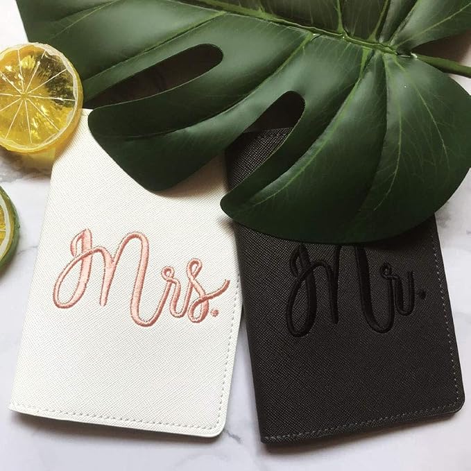 Mr and mrs passport covers and luggage tags gift set，Honeymoon embroidery Travel Luggage Tags Passport Cover for Wedding Bridal Shower Gift
