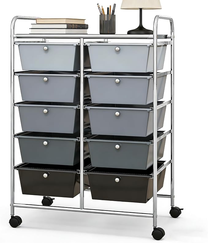 COSTWAY 10 Drawer Rolling Storage Cart, Utility Cart with Lockable Wheels | Mobile Art Supply Craft Organizer with Metal Frame, Multipurpose Drawer Cart for Paper for Office, School, Mixed Black