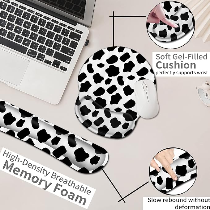 Wireless Mouse Pad with Wrist Support, Ergonomic Gel Mouse Pad, Keyboard Wrist Rest, Soft Memory Foam Keyboard Wrist Pad for Office Typing Desk Pad, Black and White Cow Pattern Animal Gaming Mousepad