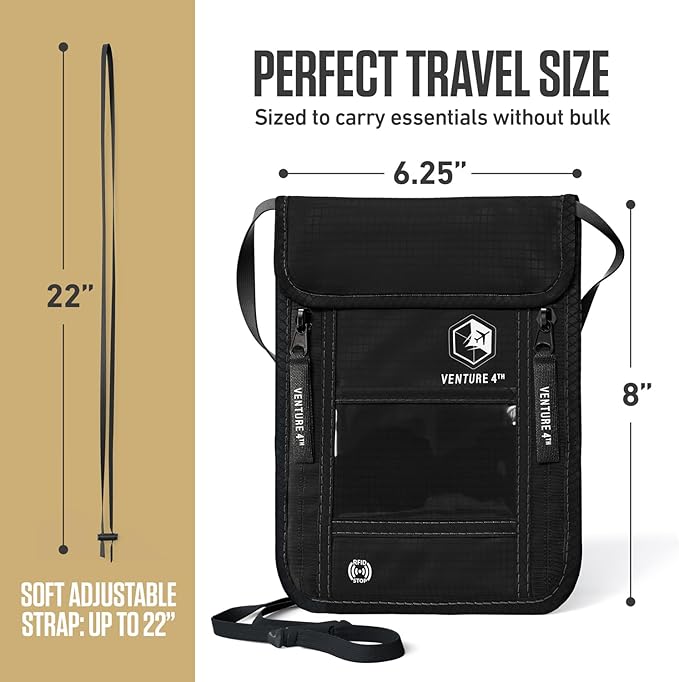 VENTURE 4TH Travel Neck Wallet, RFID Blocking Passport Holder - Pure Black