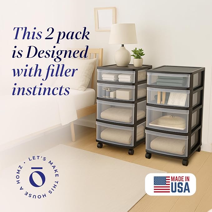 HOMZ Drawer Tower, 4-Tier Cart w/Removable Wheels, Black Frame, 2-Pack | Clear Plastic Rolling Drawers for Home, Bathroom, Bedroom, Office & Classroom