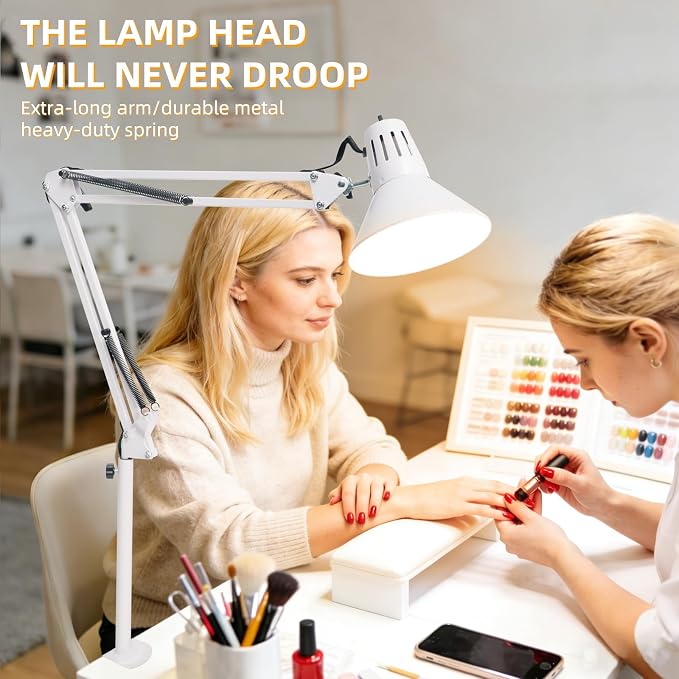 White Dimmable Desk Lamp with Clamp, Extra-Tall Adjustable Swing Arm | Manicurist Table Lamp for Nail Work, Drafting, Sewing, Crafting, Home Office, 3 Color Temperatures, A19 Bulb Included