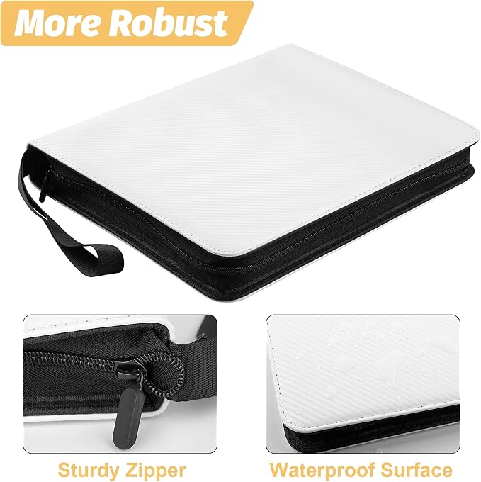 900 Pockets Round Ring Trading Card Binder, 9-Pocket Clear Zipper Card Album with Wrist Strap, Holds 900 Standard TCG & Sports Cards, Not Fit Top Loaders (Carbon White)