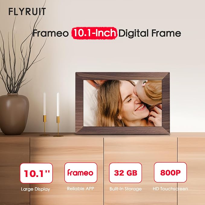Frameo 10.1" Digital Picture Frame WiFi Wood, 1280 * 800 IPS HD Touchscreen, 32GB Storage, Instant Share Pictures Video, Smart Photo Frame Electronic, Gifts for Mom, Grandma, Woodgrain