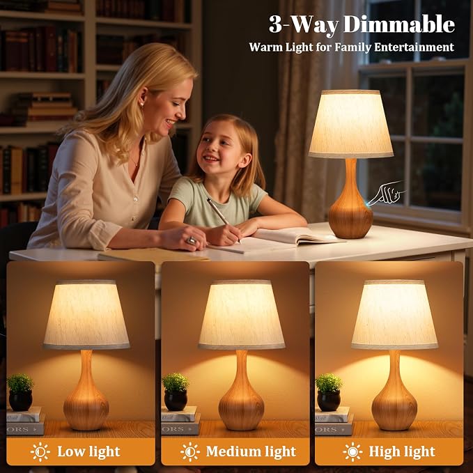 16.1" Touch Table Lamp for Nightstand, Dimmable Small Bedroom Lamp Set of 2 | Touch Control, Set of 2, Bulb Included, Wood-paint Bedside Lamps for Desk, Night Stands, Living Room, End Table, Corded