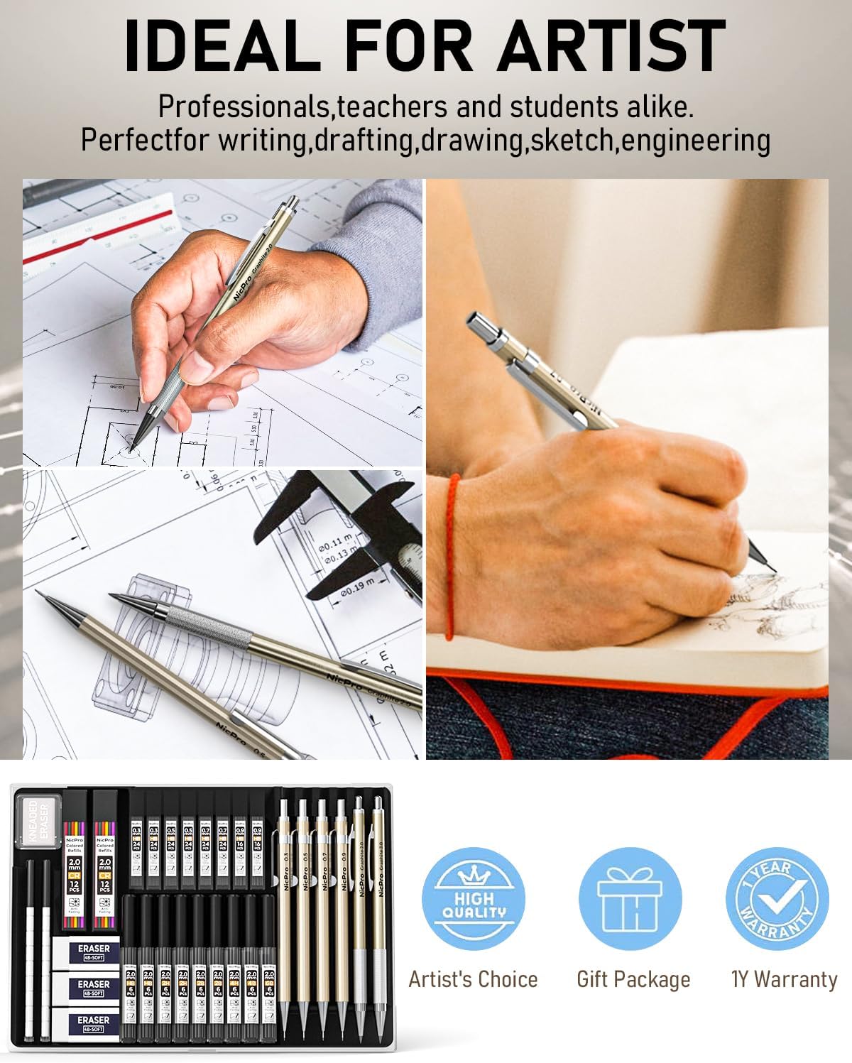 Nicpro 34PCS Art Mechanical Pencil Set, Metal Drafting Pencil 0.3 mm & 0.5 mm & 0.7 mm & 0.9 mm & 2PCS 2mm Lead Holder (6B 4B 2B HB 2H 4H Colors) For Sketching Drawing With 19 Tube Lead Refills Case
