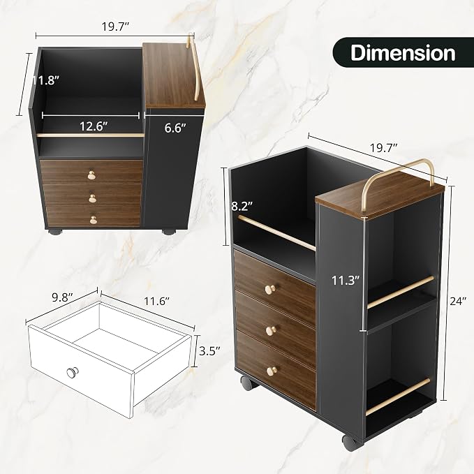 Mobile File Cabinet Under Desk with 3 Drawer, Lockable Wheels | Rolling Filing Cabinet, Utility Cart with Open Storage Shelves Home Office Fits A4/Legal, 19.7" x 11.8" x 26.3", Black Walnut
