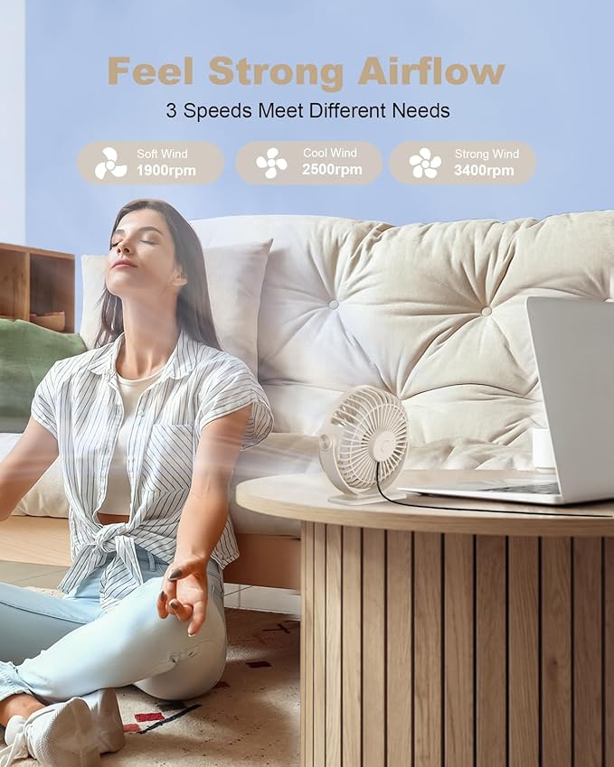 TriPole USB Desk Fan Small Portable, 360° Rotation Quiet Mini Personal Fan | Beige, 3 Speeds Plug In USB Fan, Desk Fans Small Quiet, 4.9ft Cable, Strong Breeze for Desktop Bedroom Office Table Travel