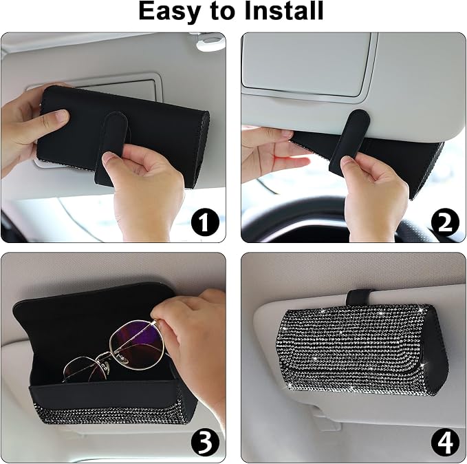 Accmor Bling Sunglasses Holder for Car Sun Visor 2 Pack, PU Leather Auto Glasses Storage Case Eyeglasses Organizer Protective Box Sparkling Crystal Car Accessories for Truck, SUV, RV (Black)