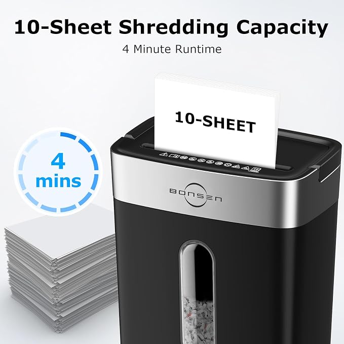 Bonsen 10-Sheet Cross Cut Paper Shredder for Home Office Heavy Duty | P-4, Portable Handle, 4 Gallons Bin, Paper and Credit Card Shredder, Black (S3201 New Version)