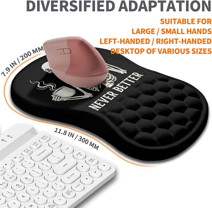 Ergonomic Joint Wrist Support Mouse Pad with Memory Foam Cushion Massage Bump, Carpal Tunnel Pain Relief Mousepad Slope Design for Wrist Rest, 11.8x7.9 in, Funny Skeleton
