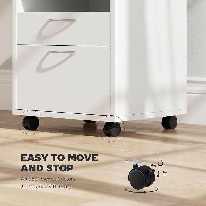HOMCOM Mobile Storage Cabinet Organizer, Bathroom Drawer Cabinet, White | Printer Stand, Castors