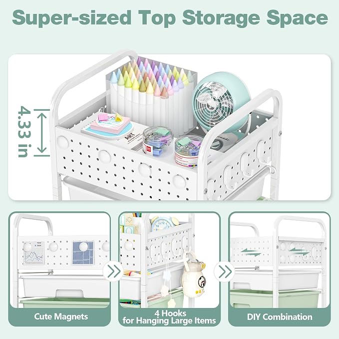 4 Drawer Rolling Storage Cart with Pegboard Top and Hooks, Gradient Green | Mobile Organizer Cart with Wheels for Office Supplies, Craft Storage, Classroom Organization, Home Utility Cart
