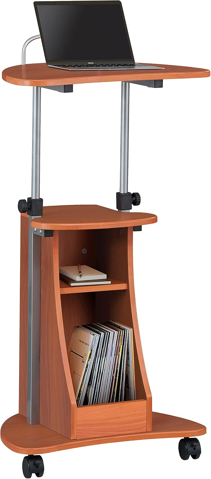 Techni Mobili Adjustable Height Rolling Laptop Cart with Storage, Woodgrain | Adjustable height rolling laptop cart with storage drawer, open shelf, wheels, sit‑stand design for office or medical use