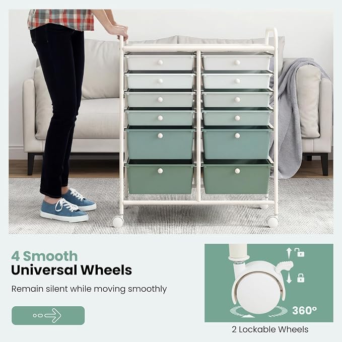 BECOMFORT 12-Drawer Rolling Cart with Drawers, Storage Cart on Wheels, Teacher Classroom Organizers with Metal Frame, Mobile Craft Cart, Trolley Utility Cart for School Office Play Room
