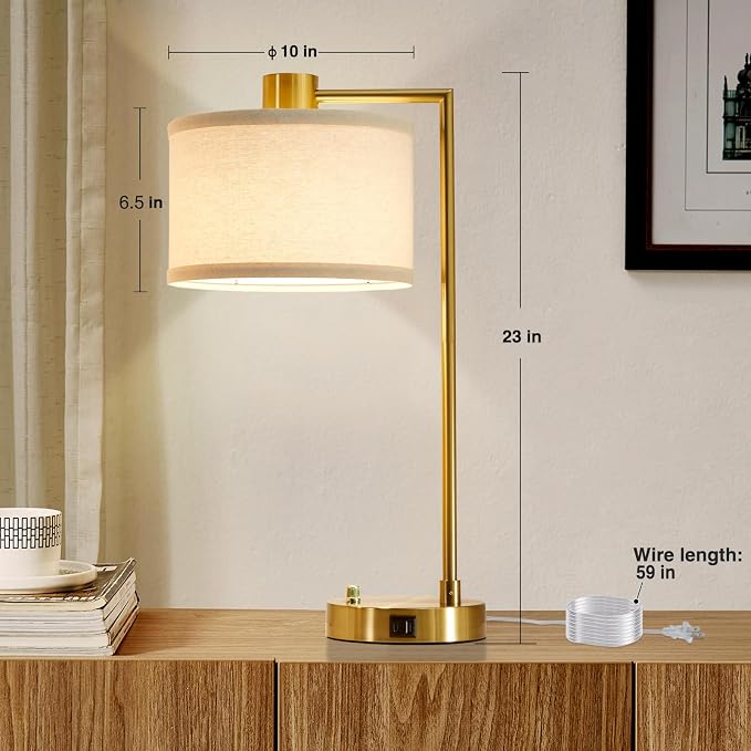 Luvkczc Table Lamp for Bedroom Set of 2 with USB C+A Ports, Fully Stepless Dimmable Bedside Lamp with Linen Lampshade, Nightstand Lamp for Living Room Reading Office, 2 LED Bulbs Included (Gold)