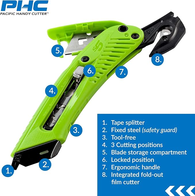 Pacific Handy Cutter S5R Box Cutter | Heavy Duty Utility Knife, Tape Splitter, & Film Cutter | 3-Position Retractable Box Cutter with Easy Blade Change | For Right Handed Users