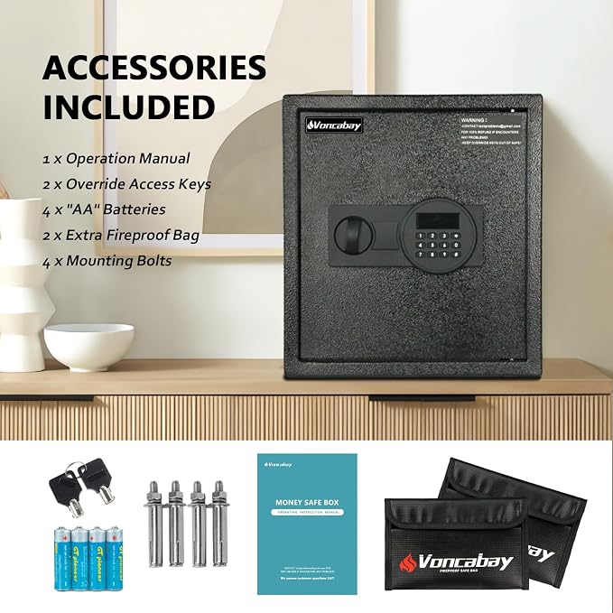 Voncabay Money Safe Box for Home with Digital Keypad, 1.5 Cu. Ft., Black | Alloy Steel, 2 Fireproof Bags, Digital Keypad with Display, Removable Shelf, Alarm System, 14 x 13 x 13 In.