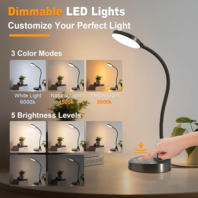 15W LED Desk Lamp with USB Charging Ports, [Button & Remote Control] Dimmable Table Lamp with 3 Color Modes, 5 Brightness Levels, 4 Timers, Flexible Reading Light for Home Office, Bedroom, Kids Study
