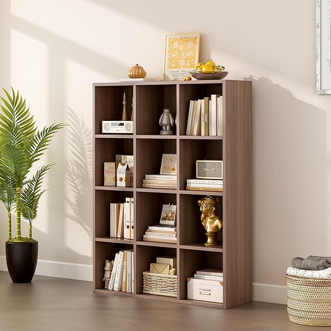 OSCHF 12-Cube Storage Shelf Bookcase - Wooden 3-Tier Floor Standing Open Bookshelf for Home and Office, Cuby Orgainzer, Walnut