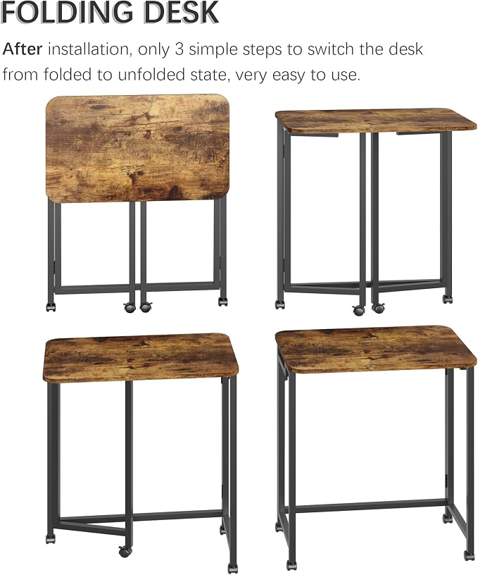 4NM 23.6" Mobile Small Rolling Computer Desk, Folding Laptop Cart Table with Wheels, Portable Office Desk for Small Space Couch Bed - Rustic Brown and Black