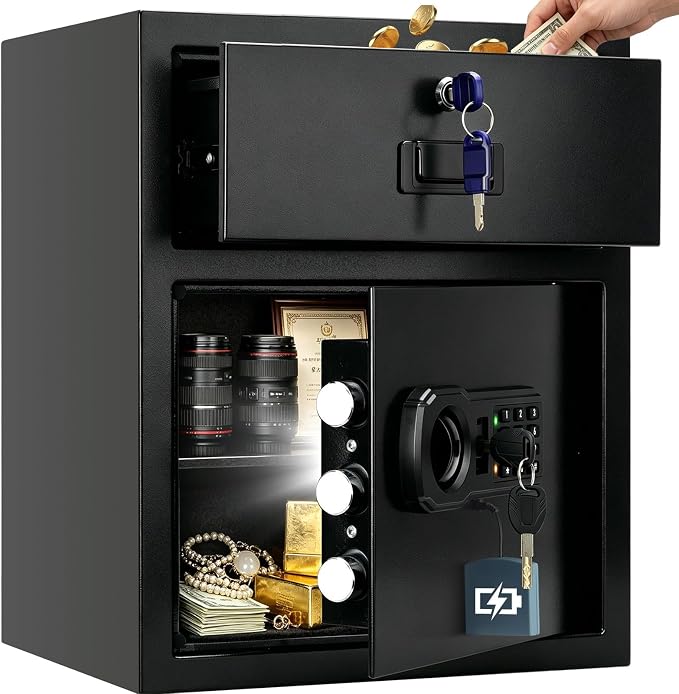 2.5 cuft Home Safe Box with Drawer | Anti-Theft Large Safe for Everyday Use | Double Safer - Add Fire Waterproof Bag | Durable Electronic Keypad | Silent & Alert | Removable Shelf for Protecting Valuable
