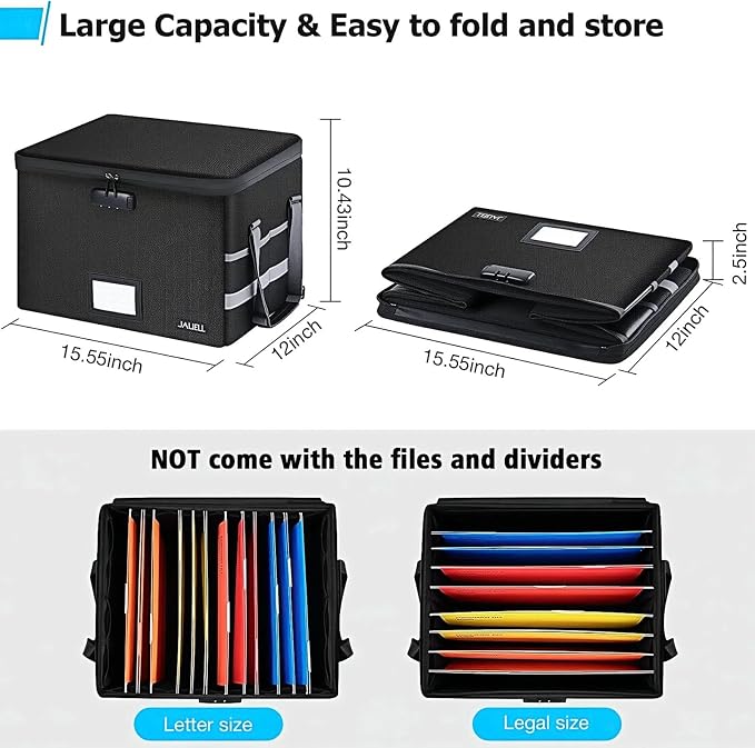 Fireproof File Box with Lock, Document Storage Organizer with Lid, Handle | File organizer Filing Storage Cabinet with Water-resistant Zipper, Home Office Safe for Hanging Letter/Legal Folder