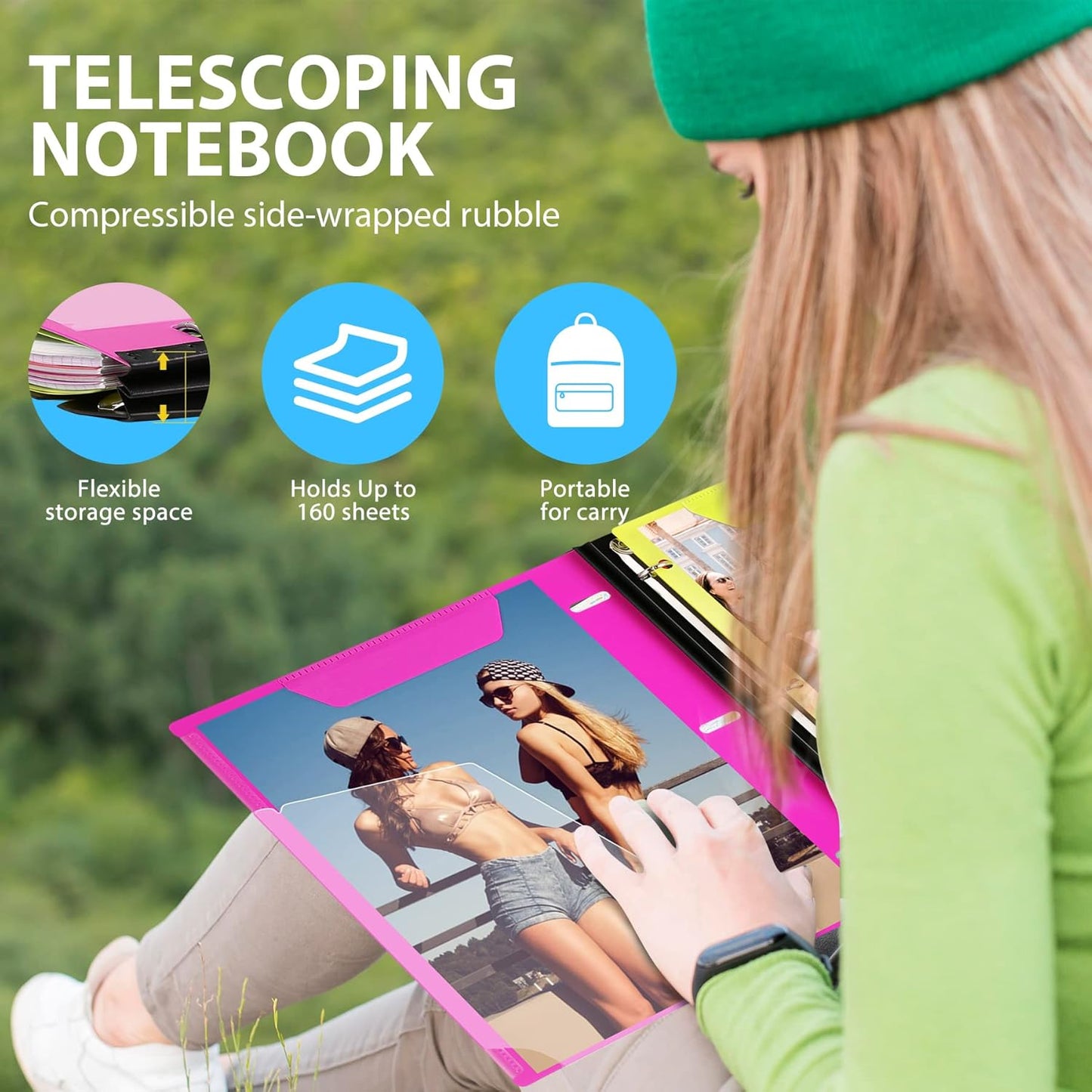 WOT I 2-Pack Telescoping 3 Ring Binder Notebooks - Customizable Cover, 5 Dividers & Pocket Folder in One Slim Organizer (60 Sheets Included), Pink