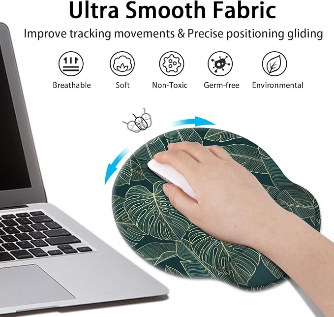 Ergonomic Mouse Pad Set with Wrist Rest, Green Palm Leaves | Tropical Botanical Non-Slip Rubber Base Wrist Cushion Support and Coasters Mousepad with Wrist Support for Computer Keyboard