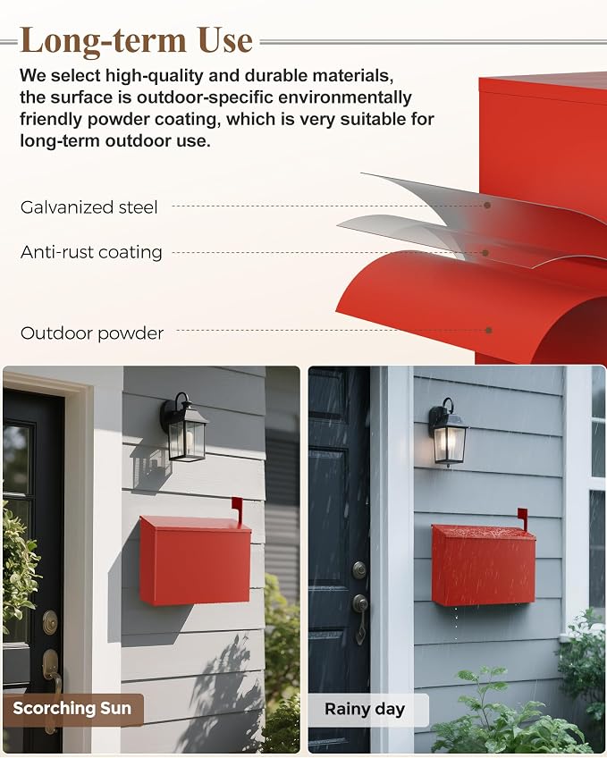 Wall-Mount Mailbox for Outside, Large Capacity Rust-Proof Mail Box with Stay-Open Lid & Red Flag Kit, Galvanized Steel Weather-Resistant Post Box for House Outside, 10.5"x4.3"x14.2", Red