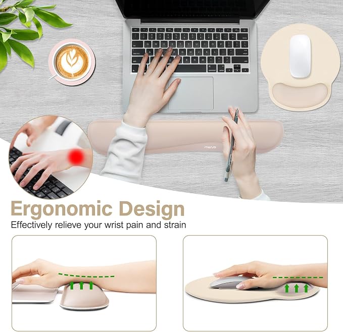 MOSISO Wrist Rest Support for Mouse Pad&Keyboard Set, Apricot | Streamline Ergonomic Mousepad&Coaster Non-Slip Base Home/Office Pain Relief&Easy Typing Pad with Soft Cloth&Silicone Lining