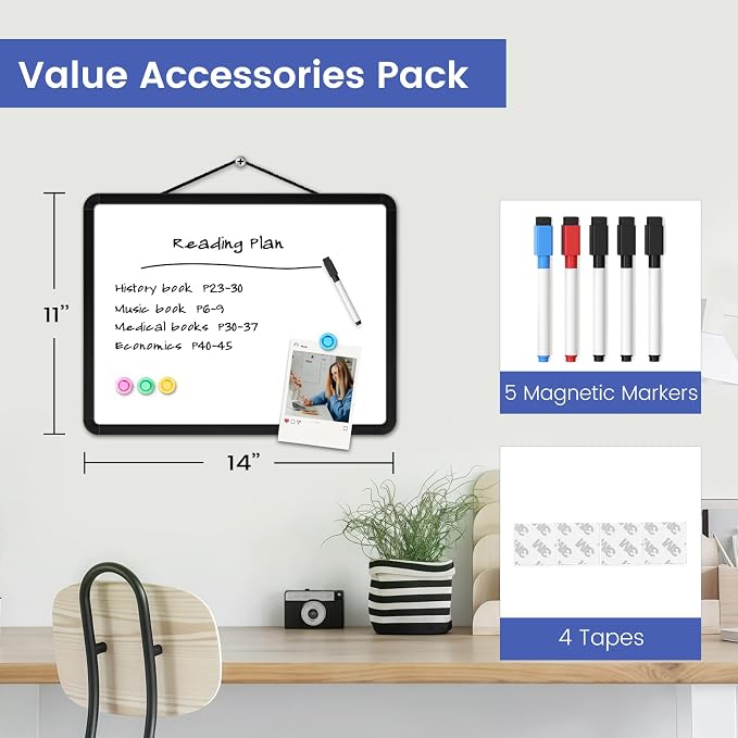 Small Wall White Board, 11" x 14" Mini Double-Sided Magnetic Dry Erase Board with Plastic Frame, Hanging Whiteboard with 5 Markers for Kids Students School Kitchen Home & Office, Black