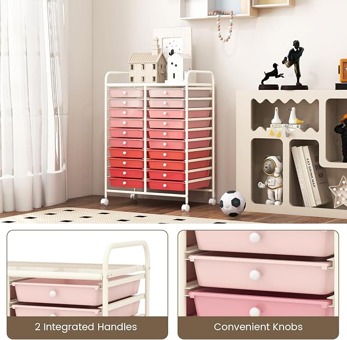 RELAX4LIFE 20 Drawer Rolling Storage Cart, Mobile Rolling Cart w/Drawers for School Classroom Teacher Office Home Salon, Paper File Art Supply Craft Organizer, Utility Cart on Wheels (Gradient Pink)