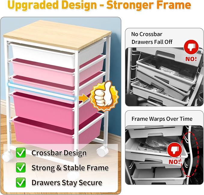 SUNALLY Rolling Carts with 5 Drawers, Storage Drawer Carts for Craft, Pink | Rolling Utility Cart with Wooden Tabletop & 2 Lockable Wheels, Teacher Storage Cart for Classroom School, Makeup, Nail, Art