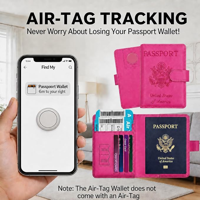 Passport Holder with Air-Tag Slot RFID Blocking Leather Travel Wallet | Multiple Card Compartments, SIM Card Access, Compact Carry Design, Flight Ready Essentials for Men & Women, Fuchsia